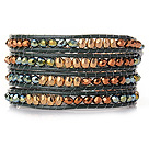 Wholesale Popular Style Multi Strands Golden and Green Manmade Crystal Beaded Bracelet with Green Leather