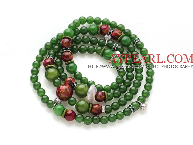 Newly Amazing Multi Strands Round Dark Green Jade and Glaze Beads Bracelet