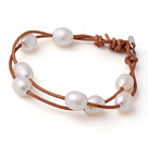 Trendy Lovely Design 2 Strands White Freshwater Pearl Bracelet with Brown Leather