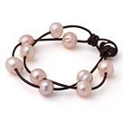 Trendy Lovely Design 2 Strands Pink Freshwater Pearl Bracelet with Dark Brown Leather