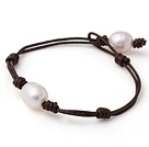 Trendy Simple Style Single Strand White Freshwater Pearl Leather Bracelet