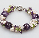 Wholesale Gorgeous Summer Cluster Shape Natural White Pearl Amethyst And Olivine Bracelet With Moonlight Clasp
