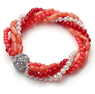 Wholesale Amazing Multi Strand Twisted Natural White Pearl Red and Orange Coral Elastic Bracelet With Silver Ball