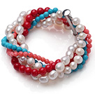 Wholesale Amazing Multi Strand Twisted Natural White Pearl Red Coral Blue Turquoise Beads Bracelet