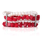 Wholesale Amazing Multi Layer Natural White Pearl Cube Shape Red Coral Bangle Bracelet