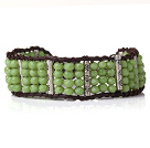 Wholesale Beautiful Green Jade-like Crystal Bangle Braceelt with Dark Brown Leather