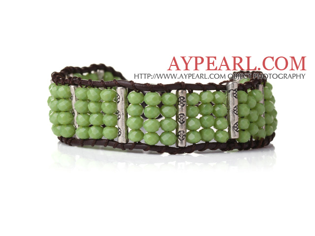 Beautiful Green Jade-like Crystal Bangle Braceelt with Dark Brown Leather