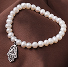 6-7mm Natural Freshwater Pearl Elastic Bracelet With Hollow Out Hand Shape Charm