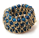 Wholesale Wide Bracelet Multi Layer Blue Agate and Metal Chain Stretch Bangle Bracelet