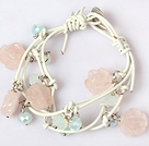 Rose Quartz Carved Flower and Crystal Leather Bracelet with Metal Clasp