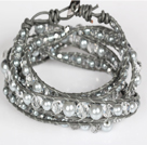 Clear Crystal and Gray Immitation Pearl Wrap Bangle Bracelet