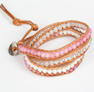 Pink Jade and White Jade and Clear Crystal Wrap Bangle Bracelet