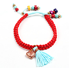 Beautiful Turquoise Coral Red Thread Woven Adjustable Drawstring Bracelet With Blue Tassel And Golden Rose Color Hollow Heart