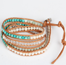 Pearl and Turquois and Amazon Stone Beads Four Times Wrap Bangle Bracelet