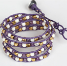 Amethyst and White Porcelain Stone and Copper Beads Wrap Bangle Bracelet