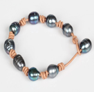 10-11mm Black Freshwater Pearl Leather Bracelet with Pearl Closure