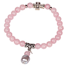 Wholesale Cute Bracelet Rose Quartz Stretch Bracelet with Tibetian Silver Cross Accessory and Pearl Pendant