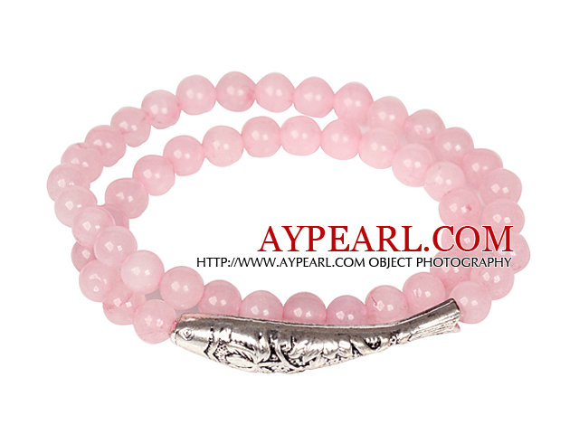 Double Layer Rose Quartz Bracelet with Tibetian Silver Fish Accessory